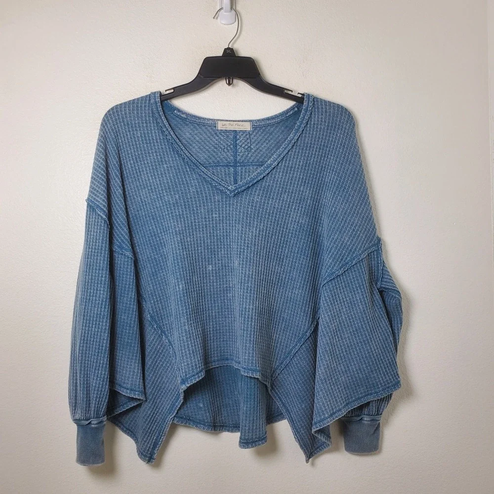 Free People We The Free Coraline Indigo Wash Blue Waffle Weave V-Neck Top XS